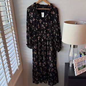 Madewell Posy Floral Gathered Neck‎ Ruffle Midi Dress Black NEW!